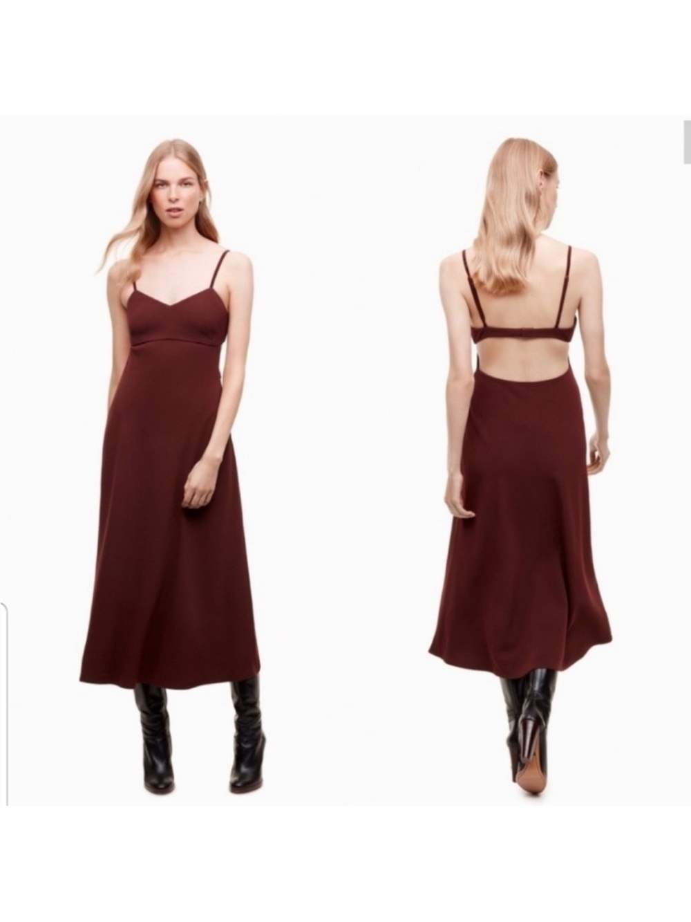 NWT Wilfred Jeanie Midi Dress Truffle Chocolate Brown Open Back Slip